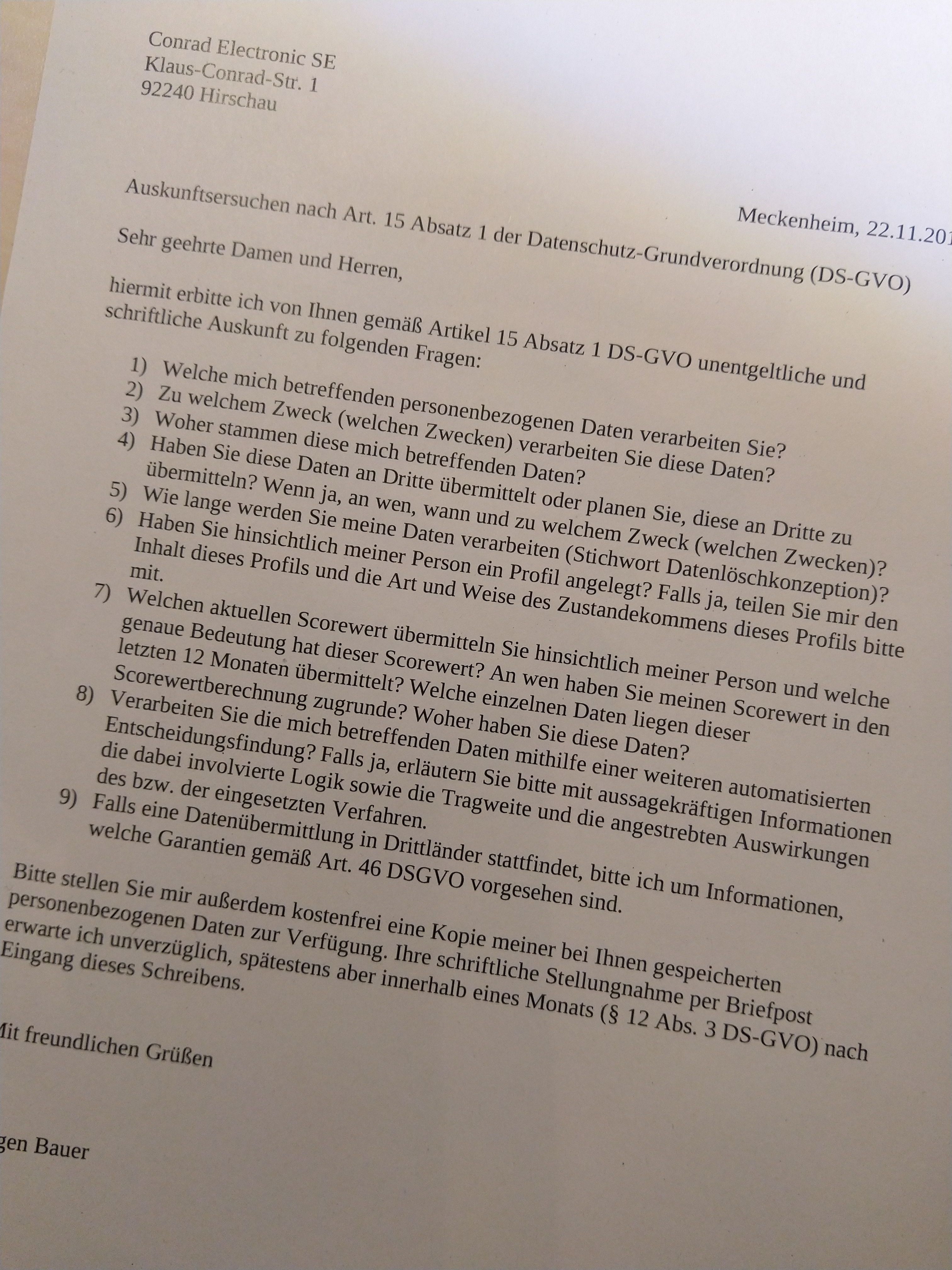 Auskunft von Conrad zu meiner DSGVO Anfrage