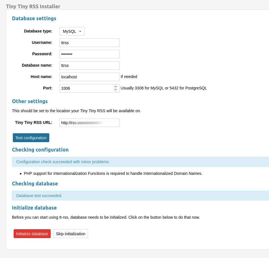 Installationstep 1 einer tt-rss installation 