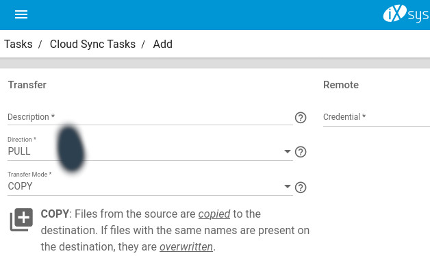 Truenas Cloud Sync Dialogbox