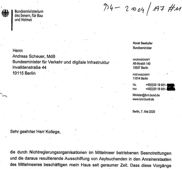 Schreiben Horst Seehofer Andreas Scheurer Seenotrettung Abwasser