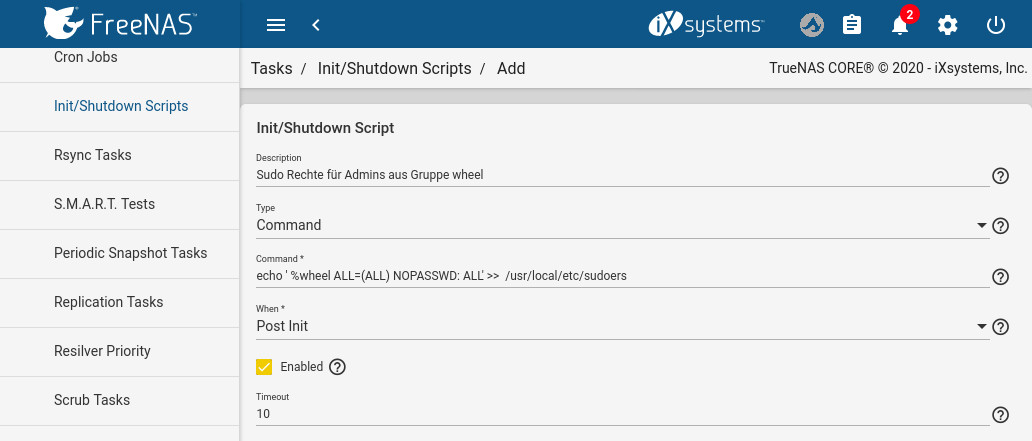 Änderungen für Sudoes in Freenas beim Start berichtigen