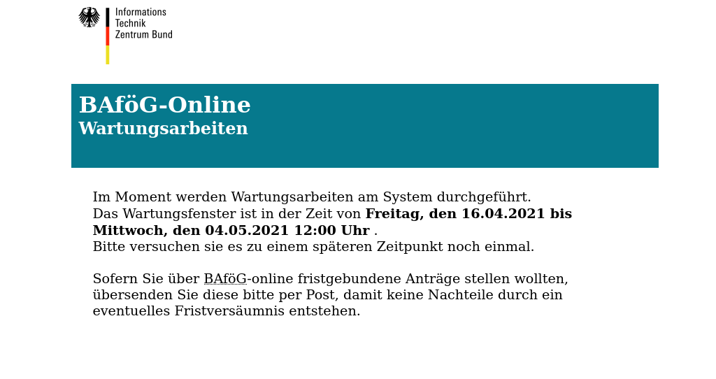 Bafög Online Wartungsfenster um eine Woche verlängert