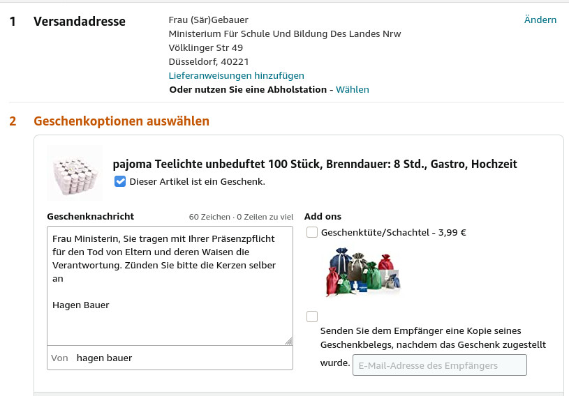 Kerzen für Frau Ministerin Gebauer