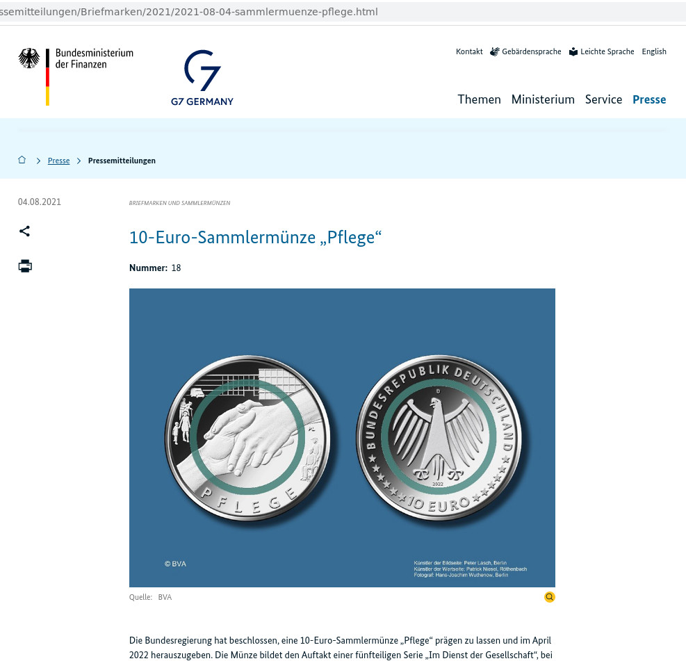 Webseite Sammlermünze Pflege