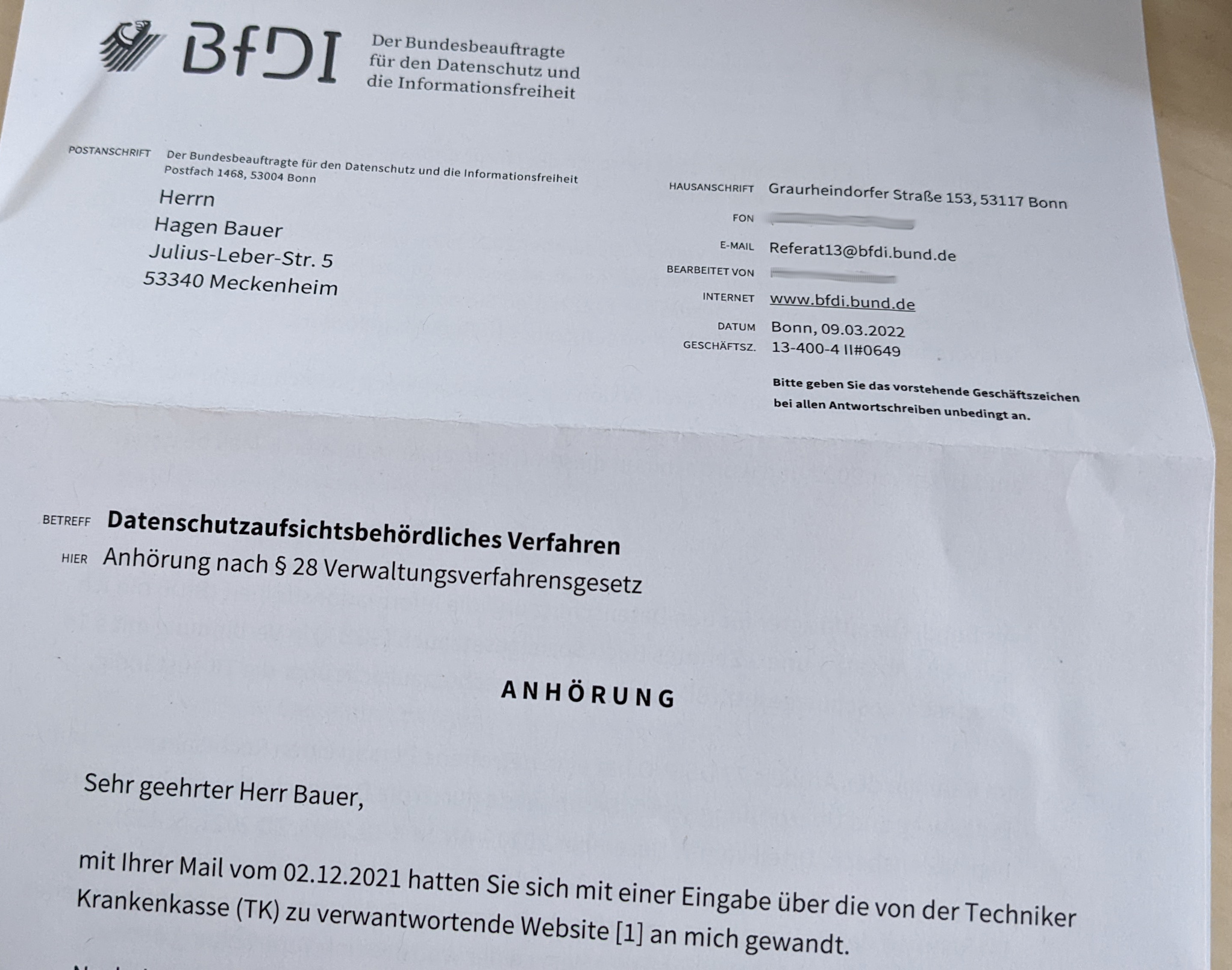 Briefkopf Datenschutzaufsichtsbehördliches Verfahren