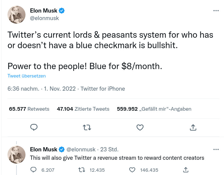 Tweet von Elon Musk zu den Kosten der blauen Häkchen