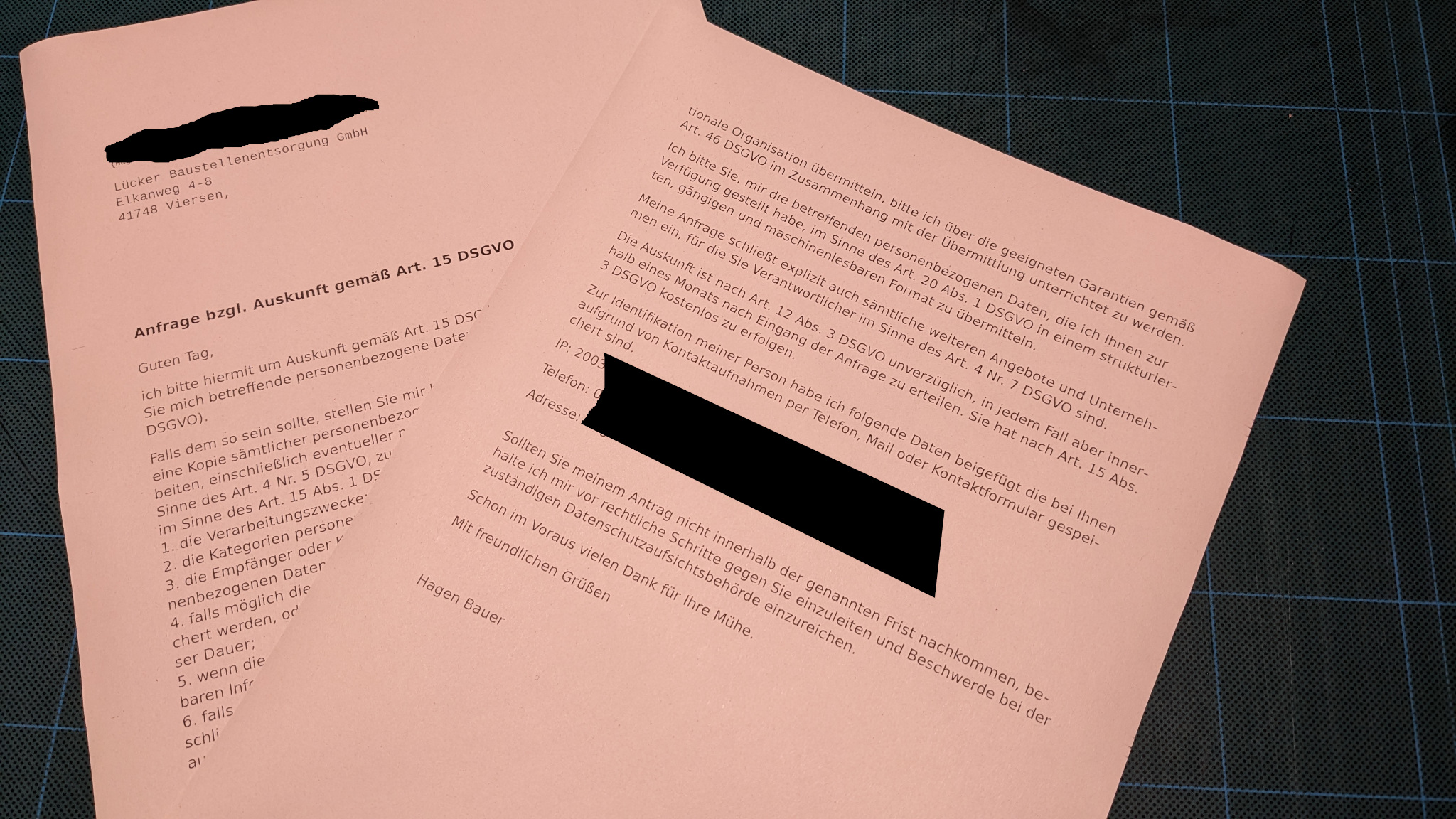 Brief mit DSGVO Anfrage bei Lücker Bau