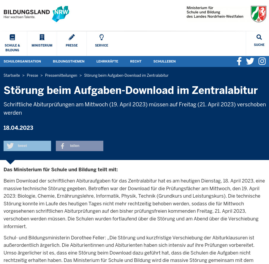 Screenshot Webseite NRW Bildungsministerium zur Verschiebung der Abiturprüfung