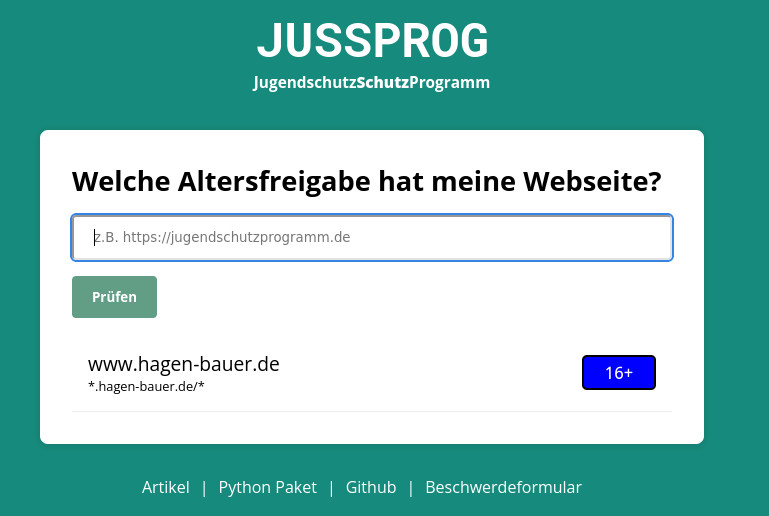 Einstuffung von hagen-bauer.de im Jugendschutzfilter bei 16