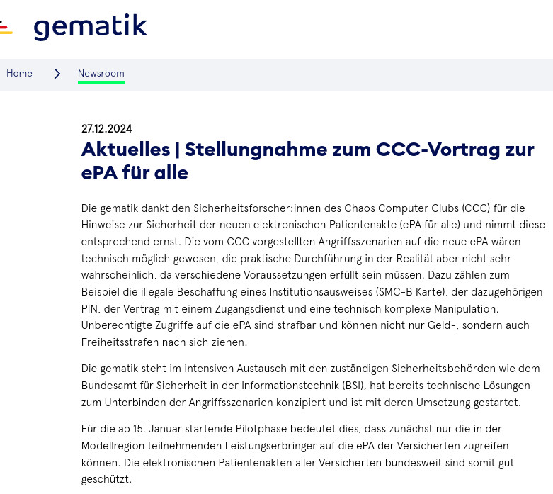 Screenshot der gematik Webseite mit der Stellungnahme zum CCC Hack der epa