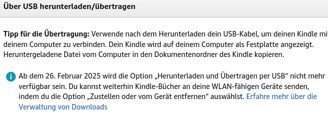 Screenshot der Amazon Meldung das es ab dem 26.2. keine Möglichkeit gibt Bücher runterzuladen