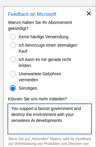 Screenshot einer Nachricht an Microsoft bei Kündigung