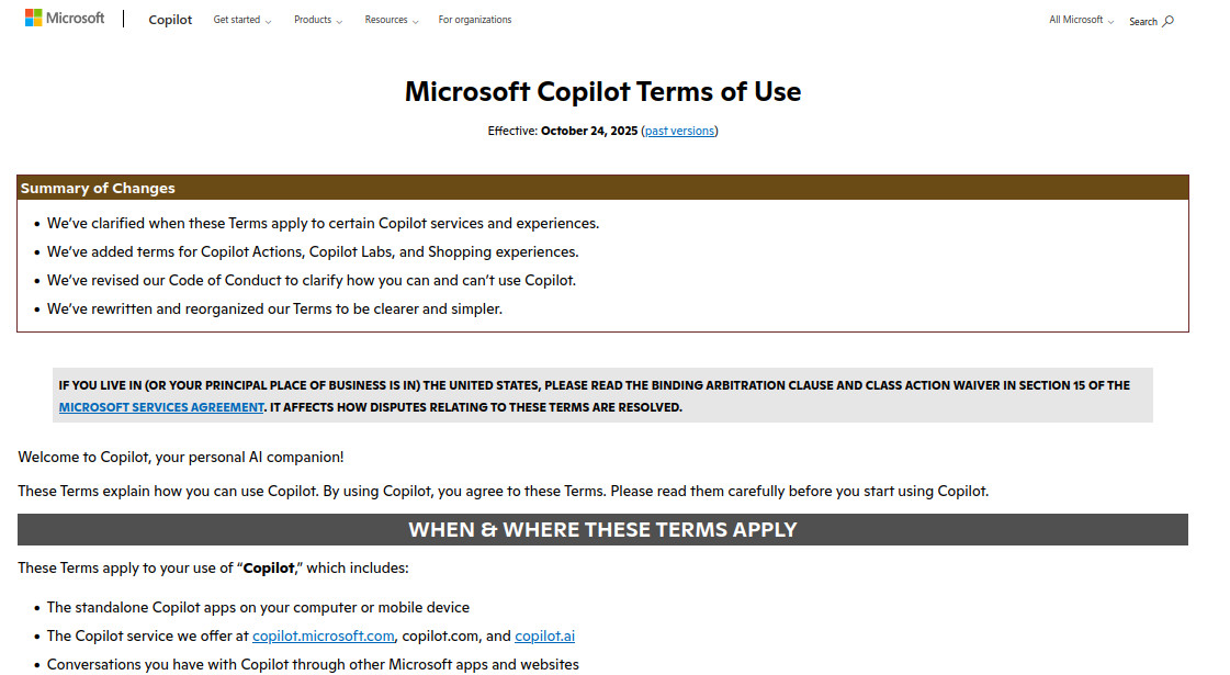 Screenshot der Copilot Lizenzbedingungen