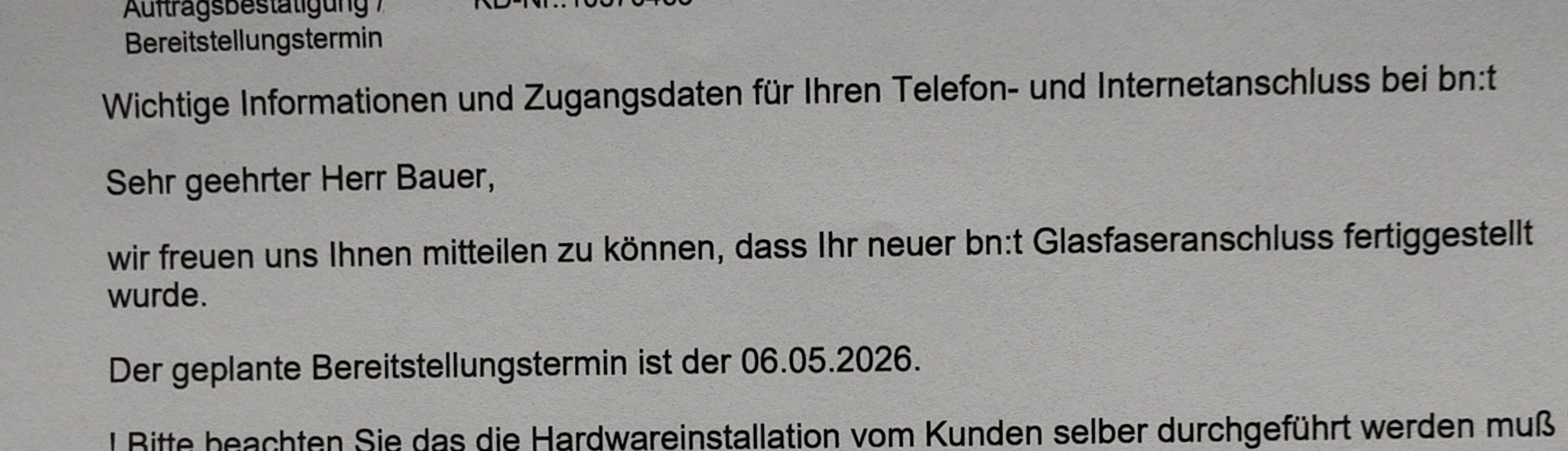 Ausschnitt aus einen Brief zu Anschlussbestätigung des Glasfaseranschluss