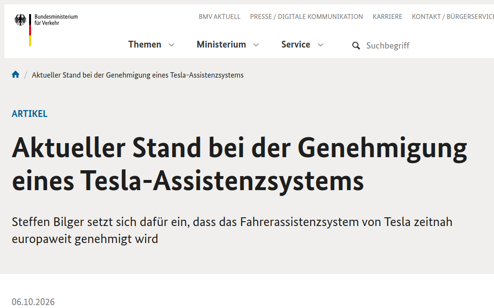 Screenshot eines Artikels der Verkehrsministeriums