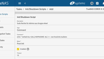 Änderungen für Sudoes in Freenas beim Start berichtigen